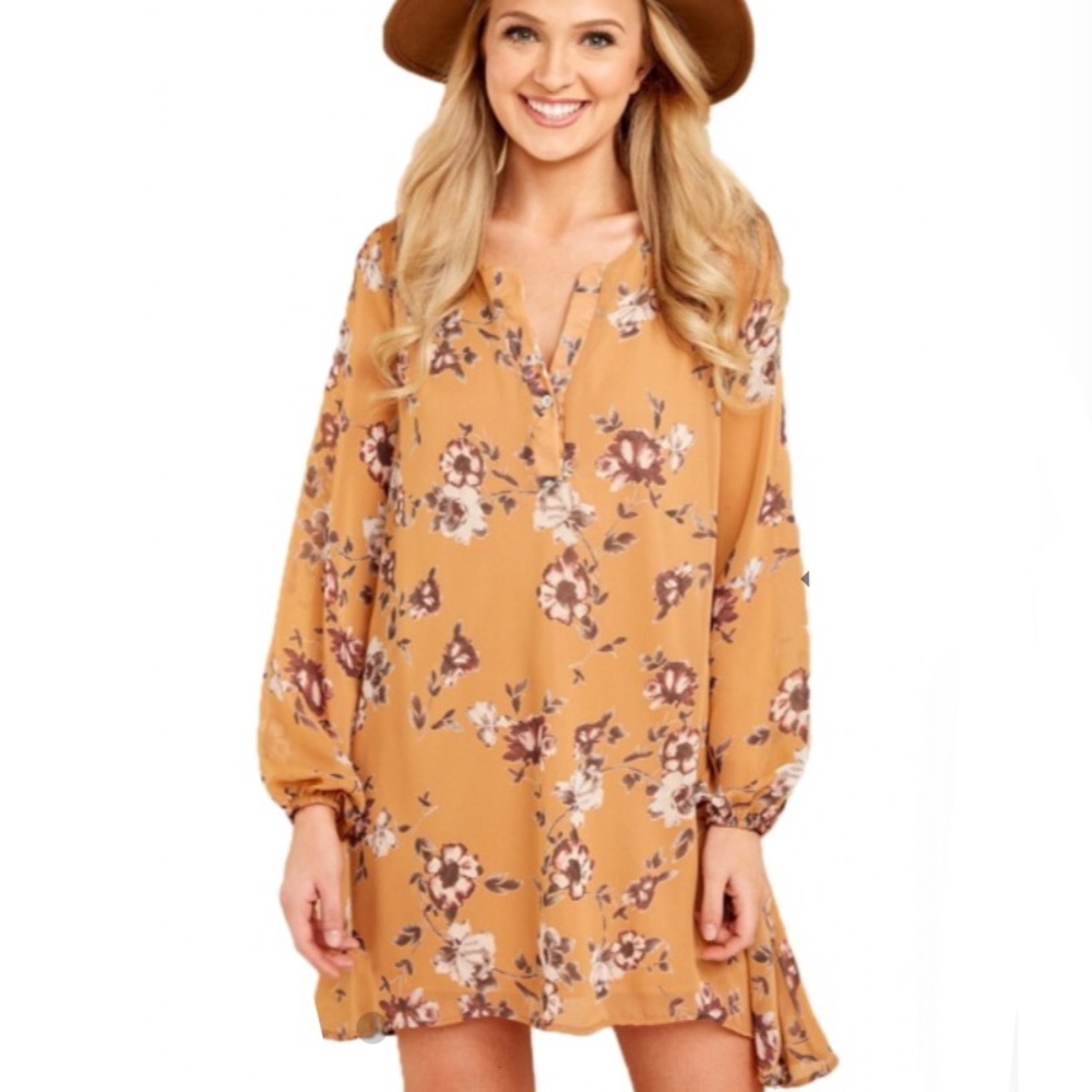 🍯 Honey Yellow Floral Long Sleeve Shift Dress